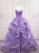 Gorgeous Purple Straps Layers Tulle V-neckline Long Evening Dress, Light Purple Prom Dresses